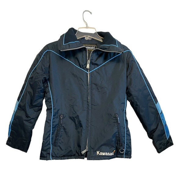 Vintage 80s Kawasaki Motorcycle Jacket Men Size Small Blue Nylon Insulated Retro - Picture 1 of 9